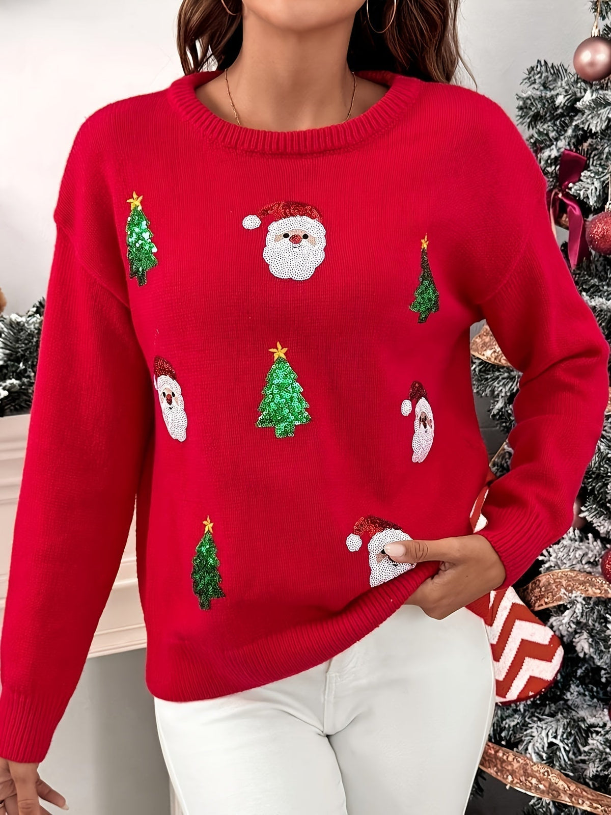 RED CREW NECK CHRISTMAS SWEATER FOR WOMEN