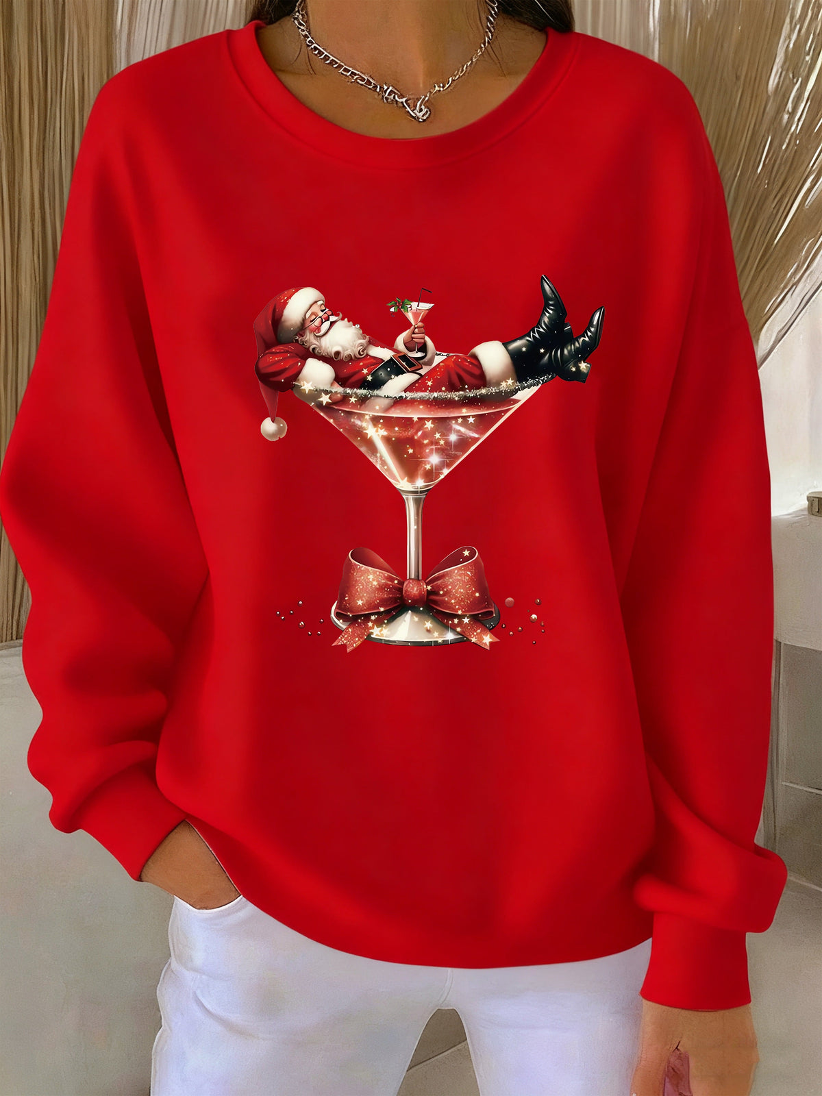 PRINTED CREW NECK CHRISTMAS SWEATER FOR WOMEN