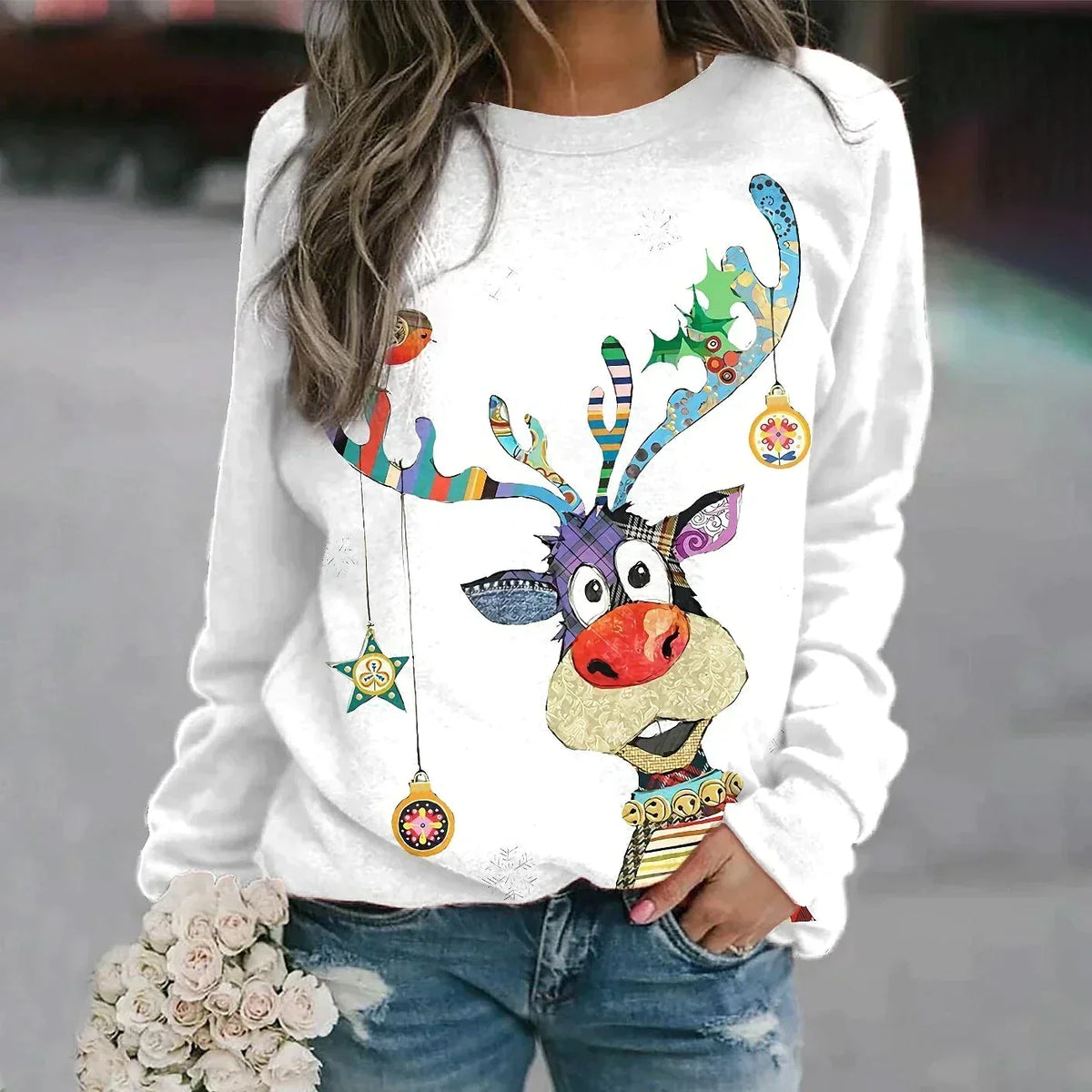 FESTIVE PRINT CHRISTMAS SWEATER FOR WOMEN
