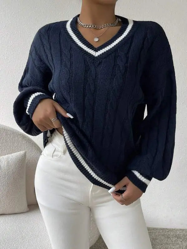 STRIPED V-NECK CABLE KNIT SWEATER FOR WOMEN