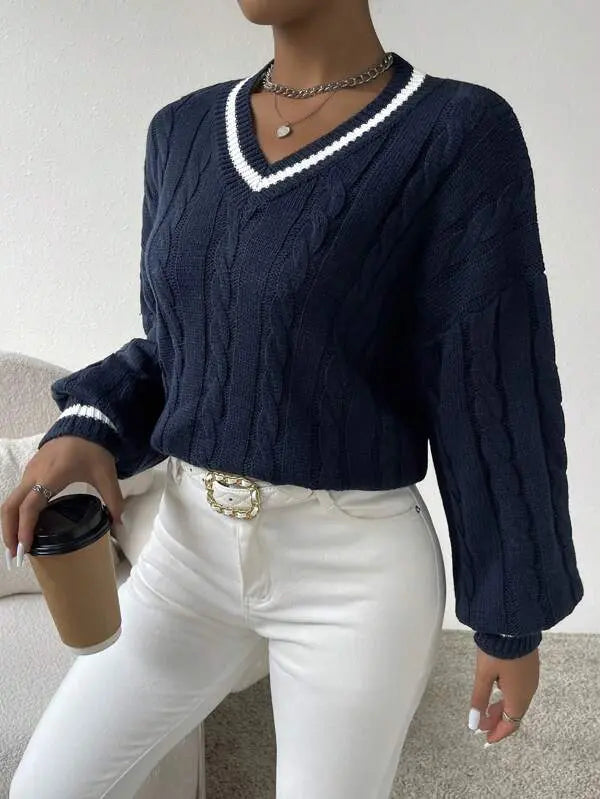STRIPED V-NECK CABLE KNIT SWEATER FOR WOMEN
