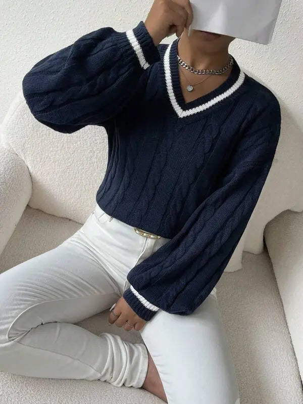 STRIPED V-NECK CABLE KNIT SWEATER FOR WOMEN