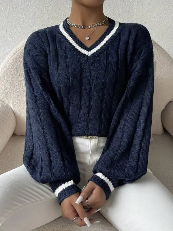 STRIPED V-NECK CABLE KNIT SWEATER FOR WOMEN