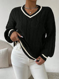 STRIPED V-NECK CABLE KNIT SWEATER FOR WOMEN