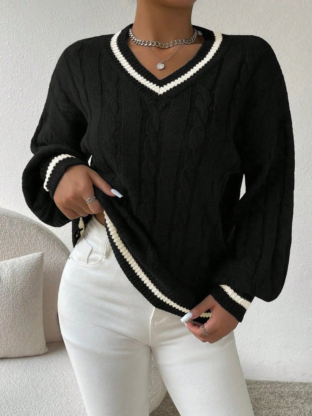 STRIPED V-NECK CABLE KNIT SWEATER FOR WOMEN