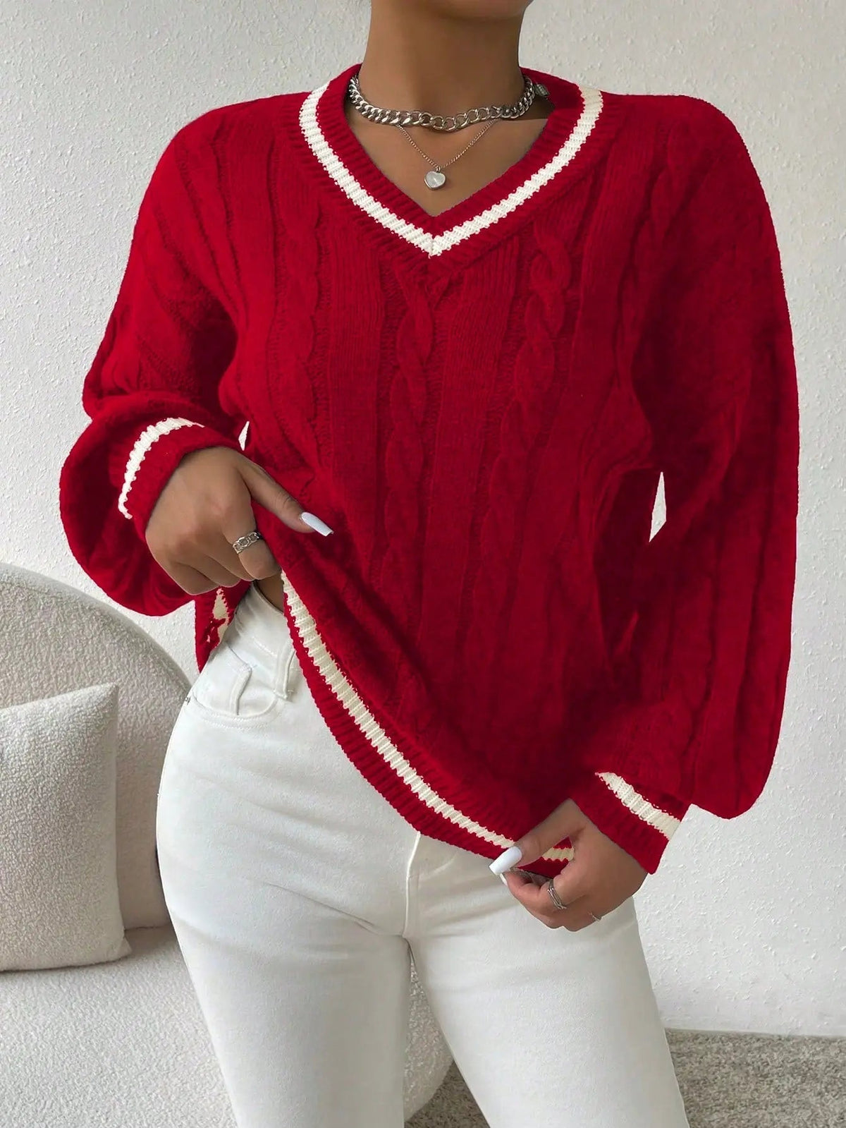 STRIPED V-NECK CABLE KNIT SWEATER FOR WOMEN