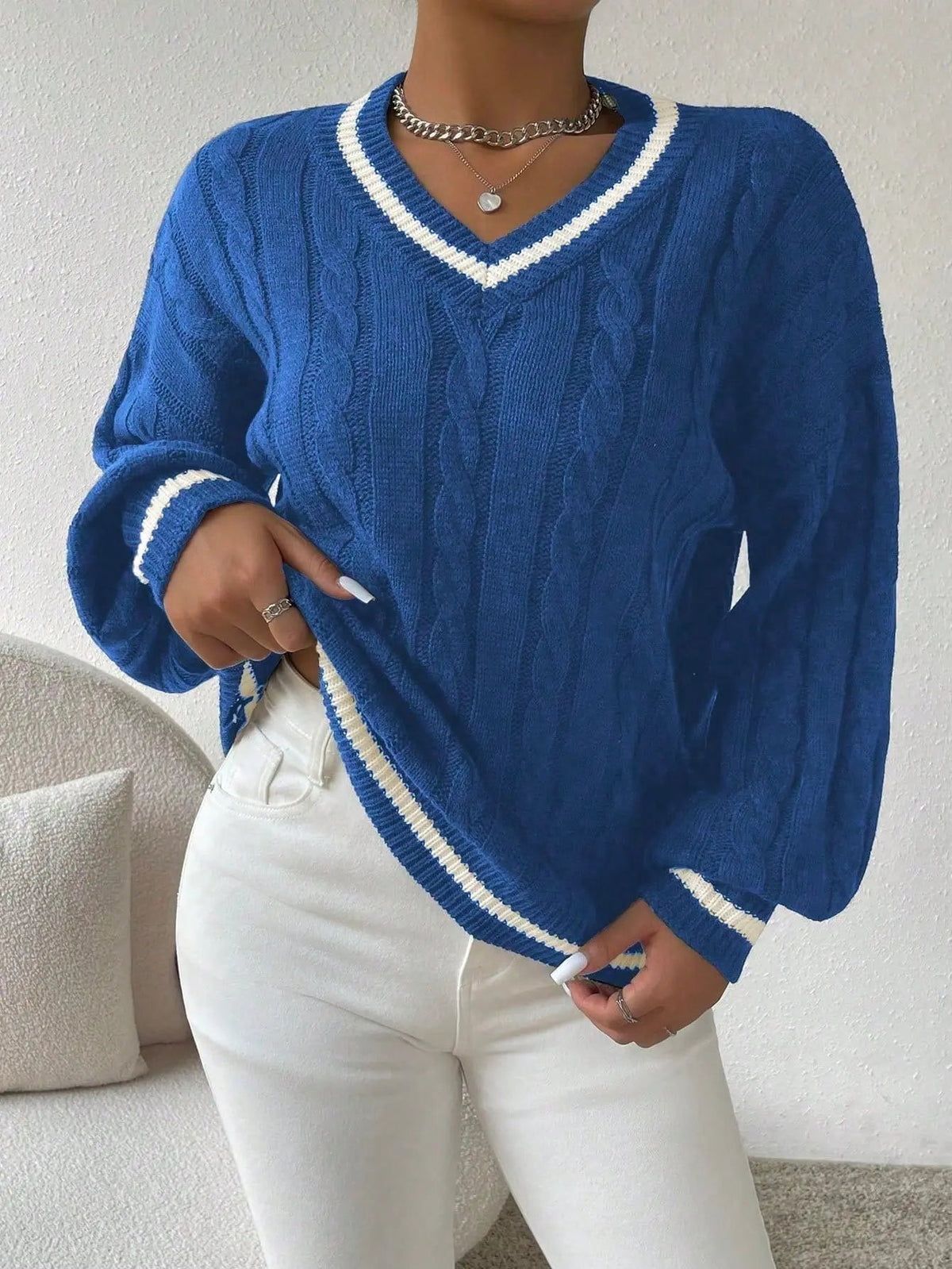 STRIPED V-NECK CABLE KNIT SWEATER FOR WOMEN