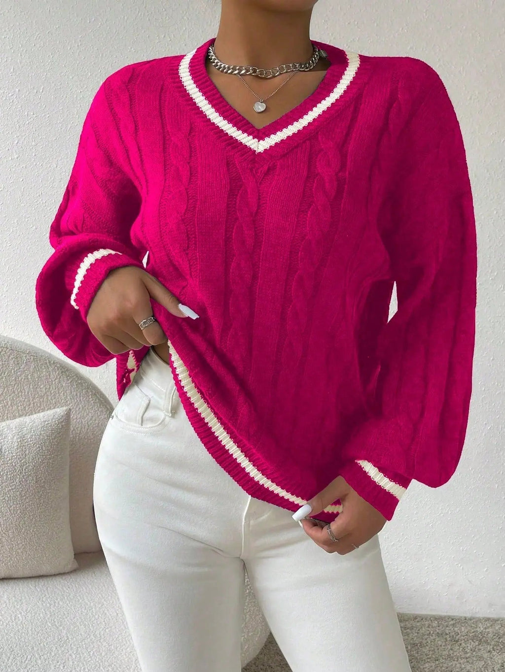STRIPED V-NECK CABLE KNIT SWEATER FOR WOMEN