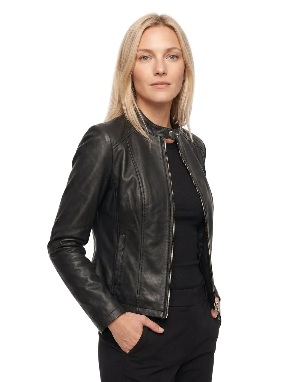 ZIP FRONT LEATHER JACKET FOR WOMEN