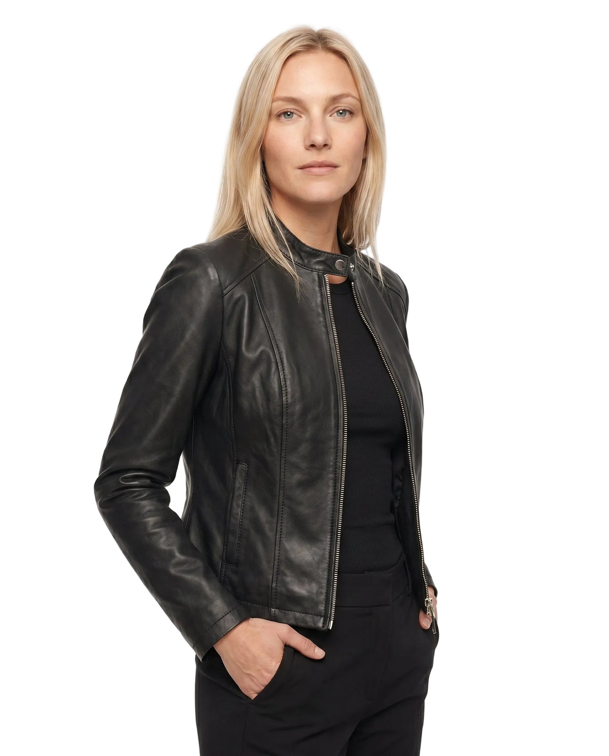 ZIP FRONT LEATHER JACKET FOR WOMEN