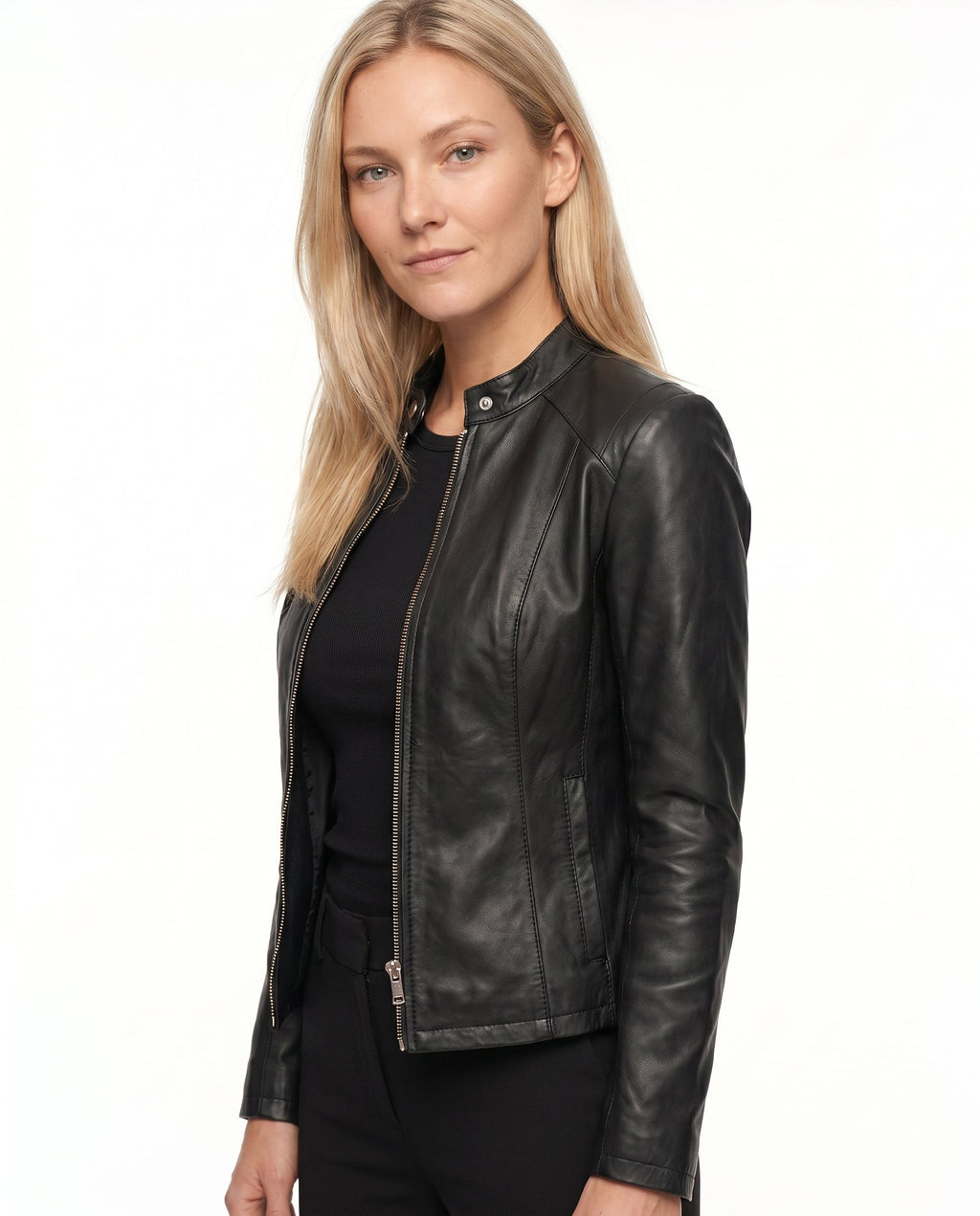 ZIP FRONT LEATHER JACKET FOR WOMEN