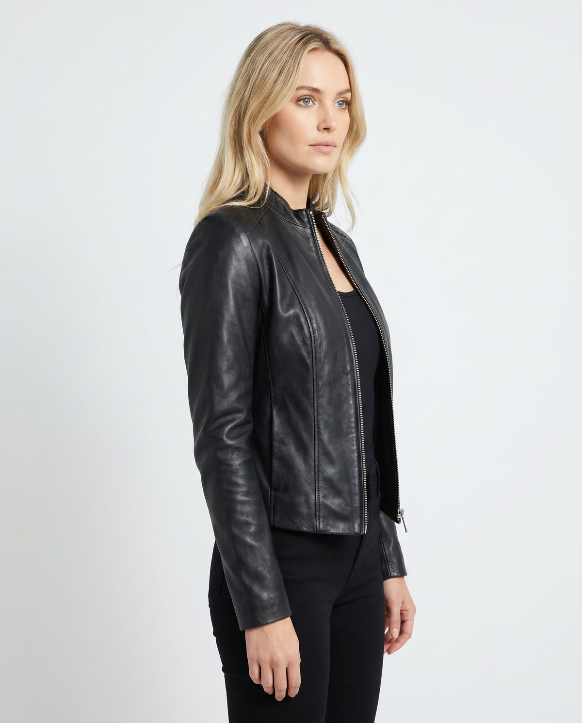 ZIP FRONT LEATHER JACKET FOR WOMEN
