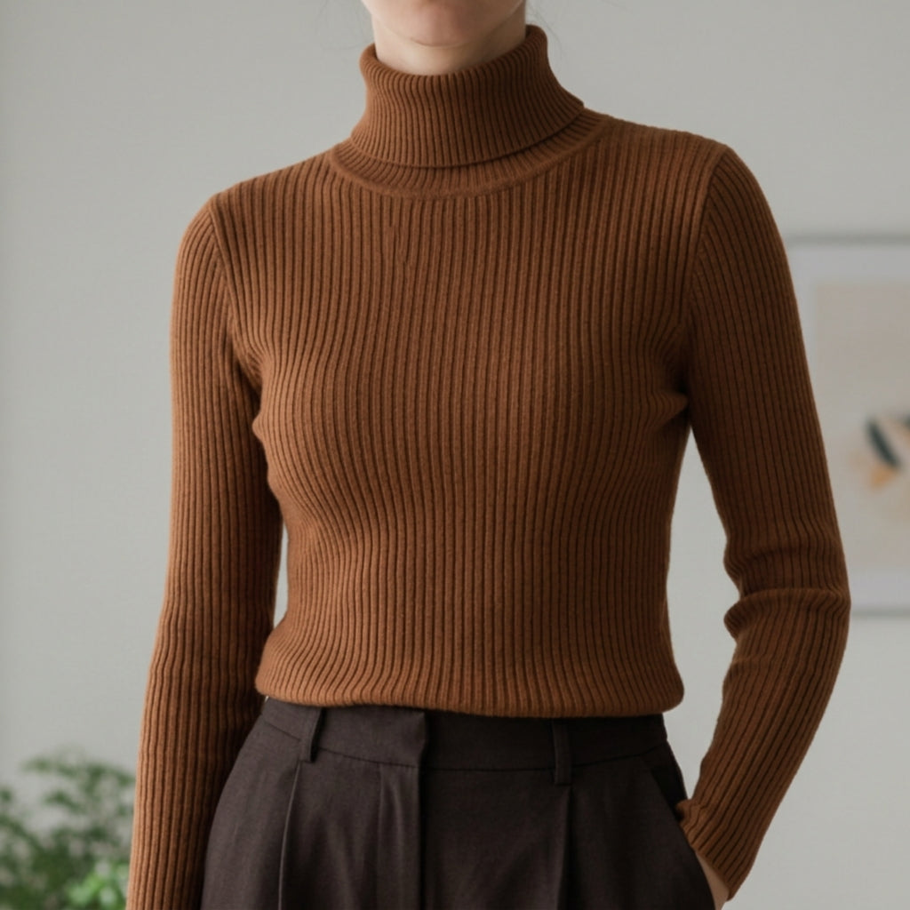 RIBBED TURTLENECK KNIT SWEATER FOR WOMEN
