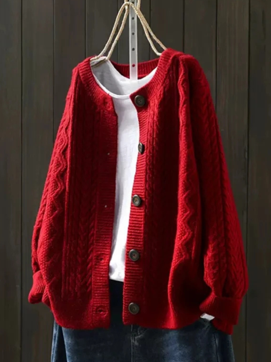 BUTTON-FRONT CABLE KNIT SWEATER FOR WOMEN