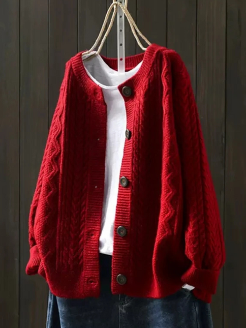 BUTTON-FRONT CABLE KNIT SWEATER FOR WOMEN