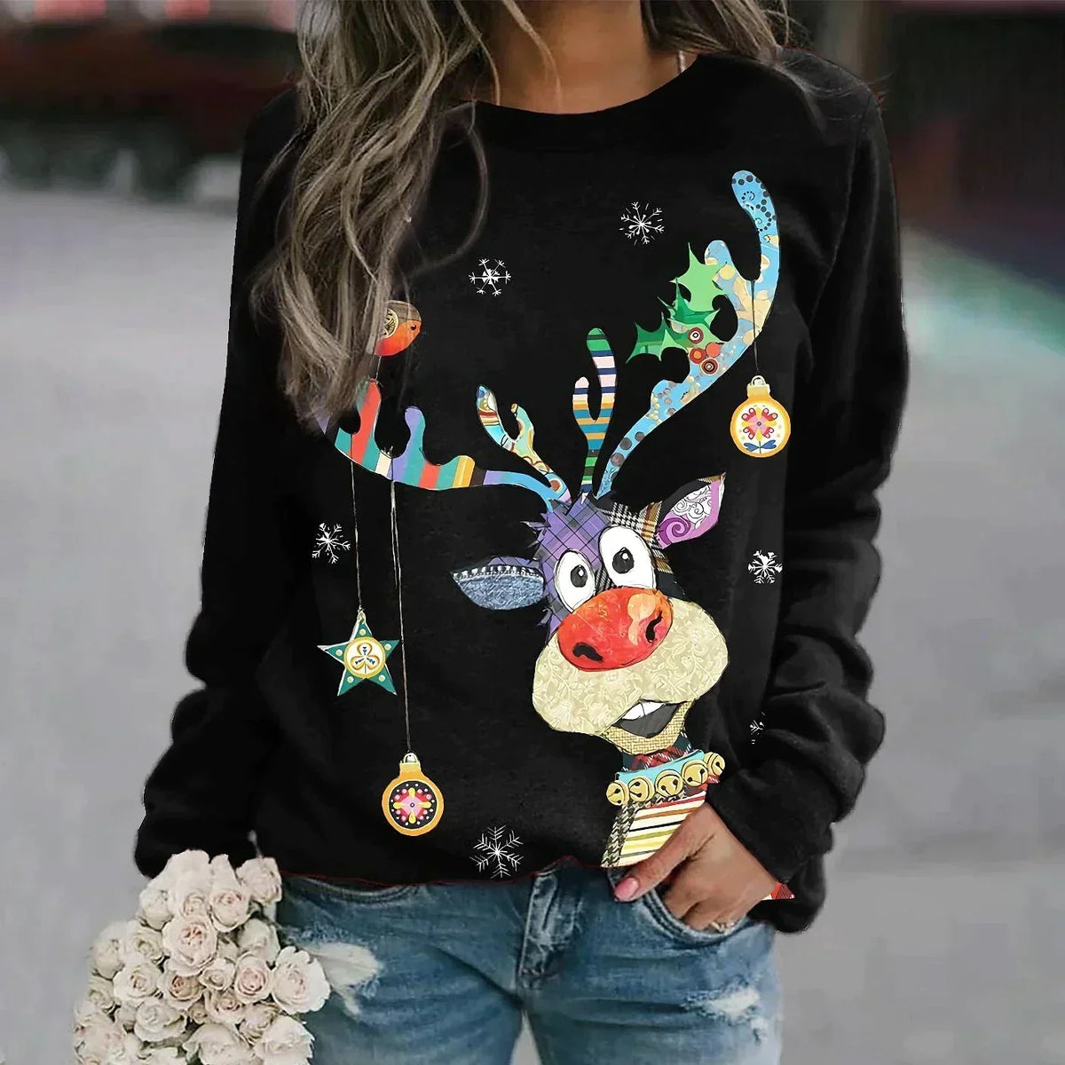 FESTIVE PRINT CHRISTMAS SWEATER FOR WOMEN