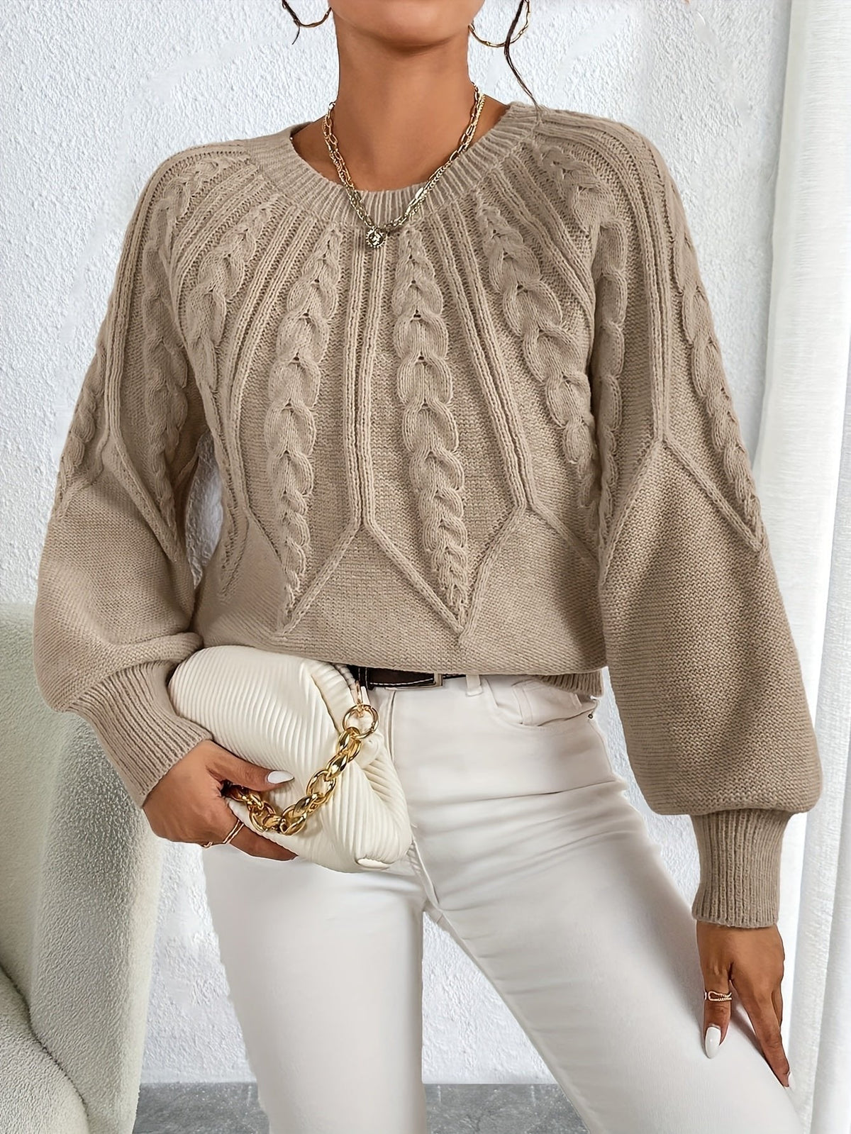 LANTERN SLEEVE CABLE KNIT SWEATER FOR WOMEN