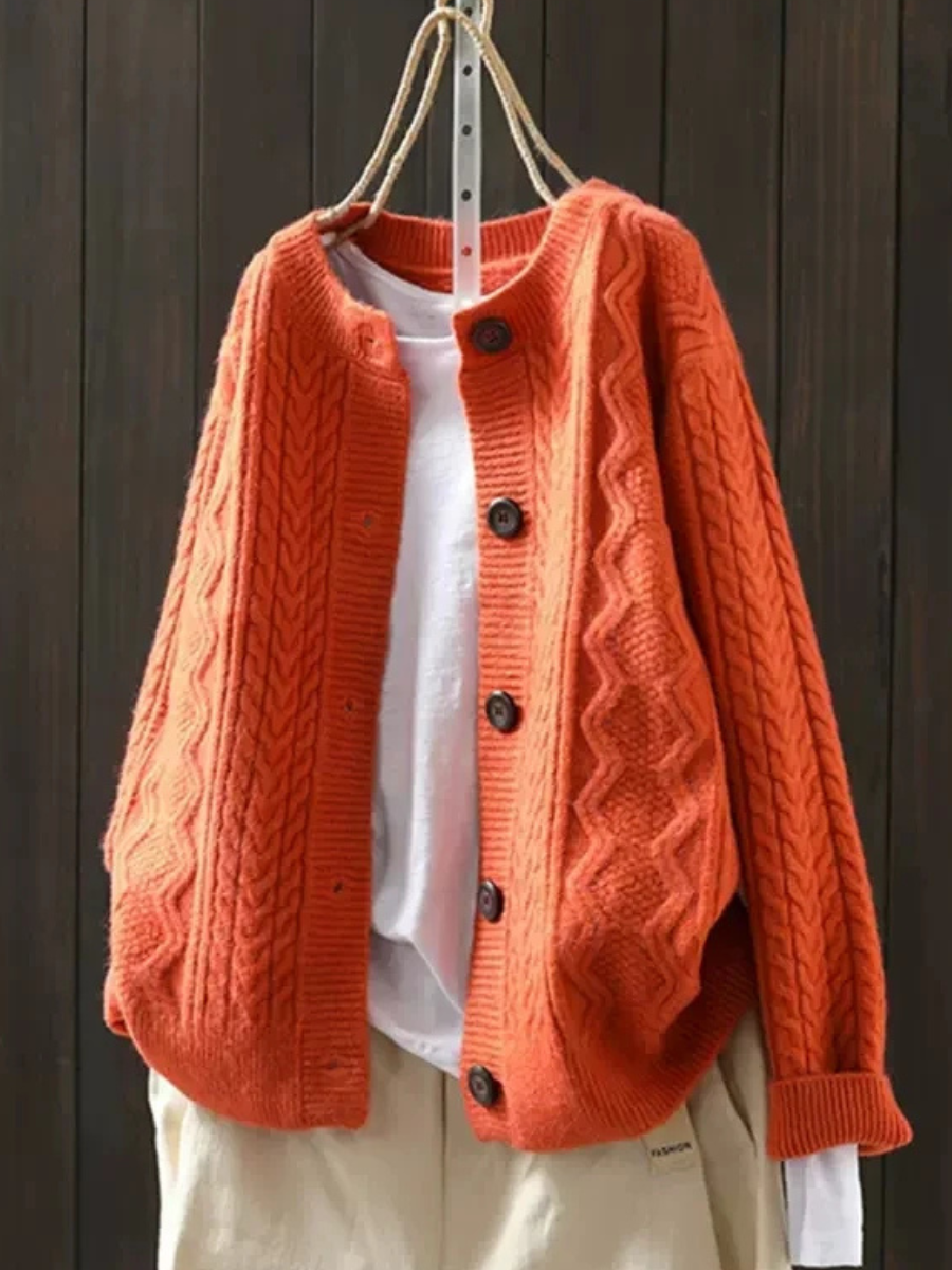 BUTTON-FRONT CABLE KNIT SWEATER FOR WOMEN