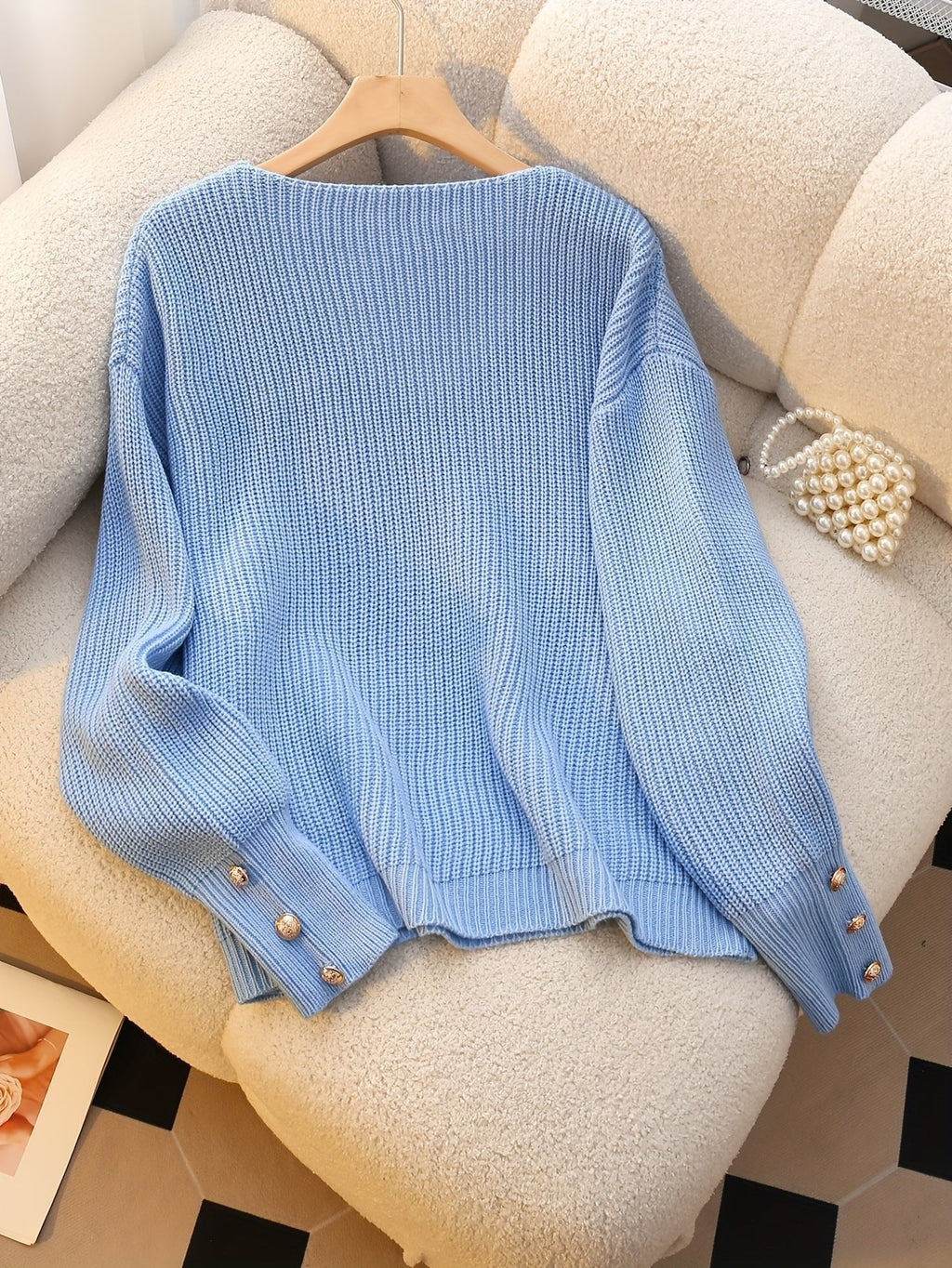 RIBBED V-NECK KNIT SWEATER FOR WOMEN
