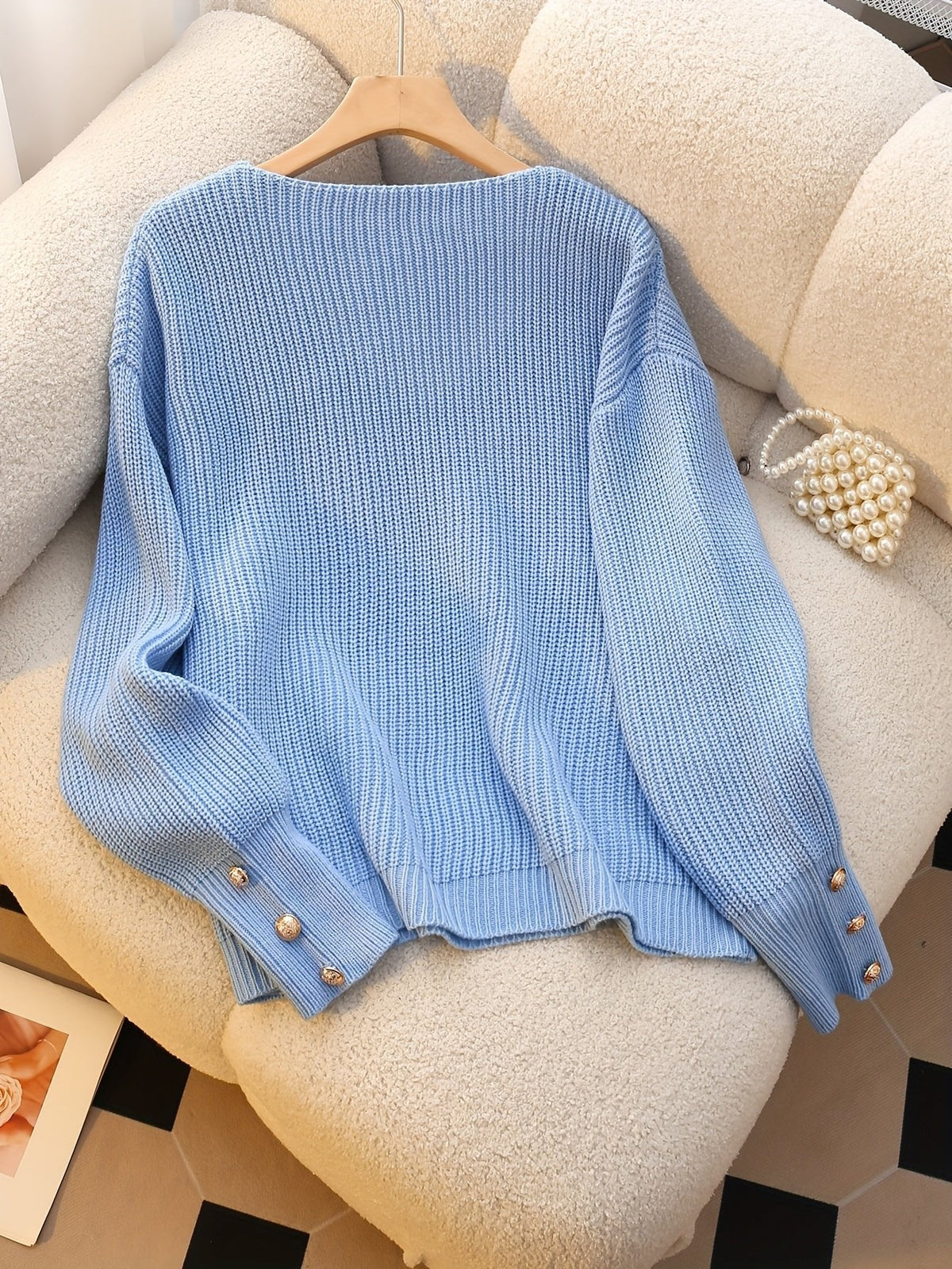 RIBBED V-NECK KNIT SWEATER FOR WOMEN