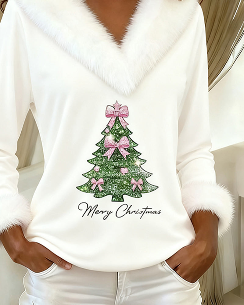 V-NECK TREE PRINT CHRISTMAS SWEATER FOR WOMEN