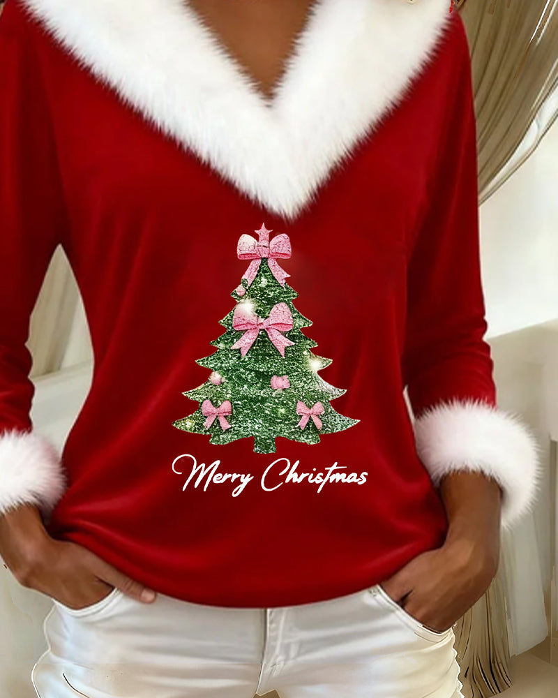 V-NECK TREE PRINT CHRISTMAS SWEATER FOR WOMEN