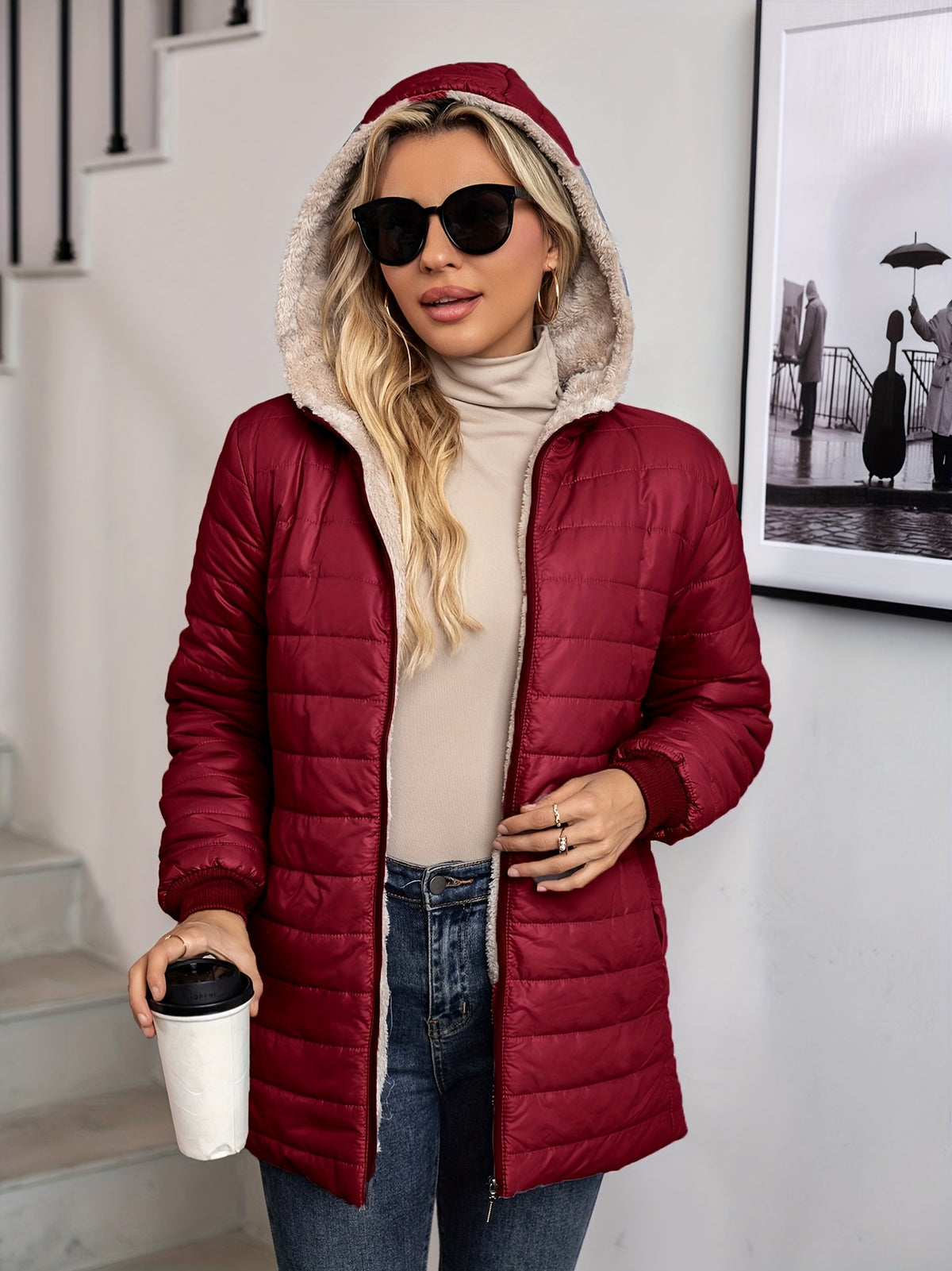 SHERPA HOODED PUFFER JACKET FOR WOMEN