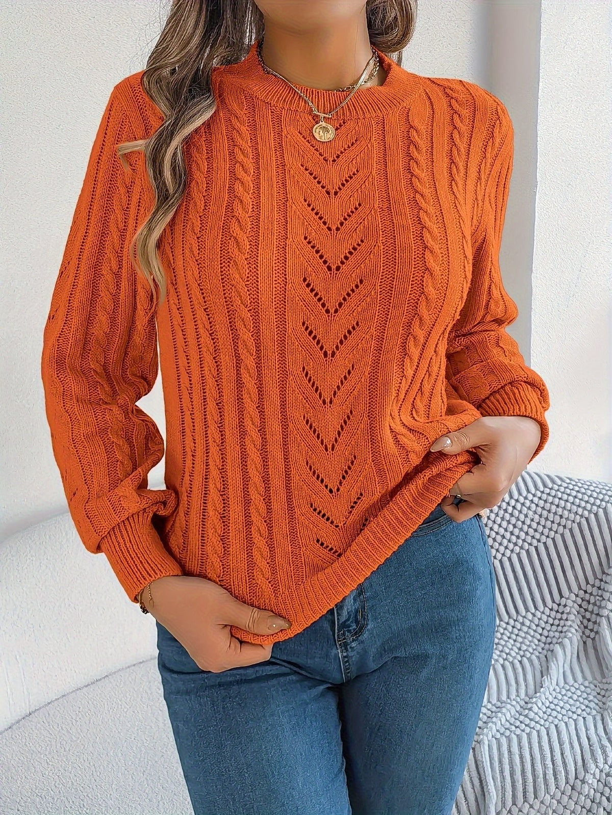 TEXTURED CABLE KNIT SWEATER FOR WOMEN