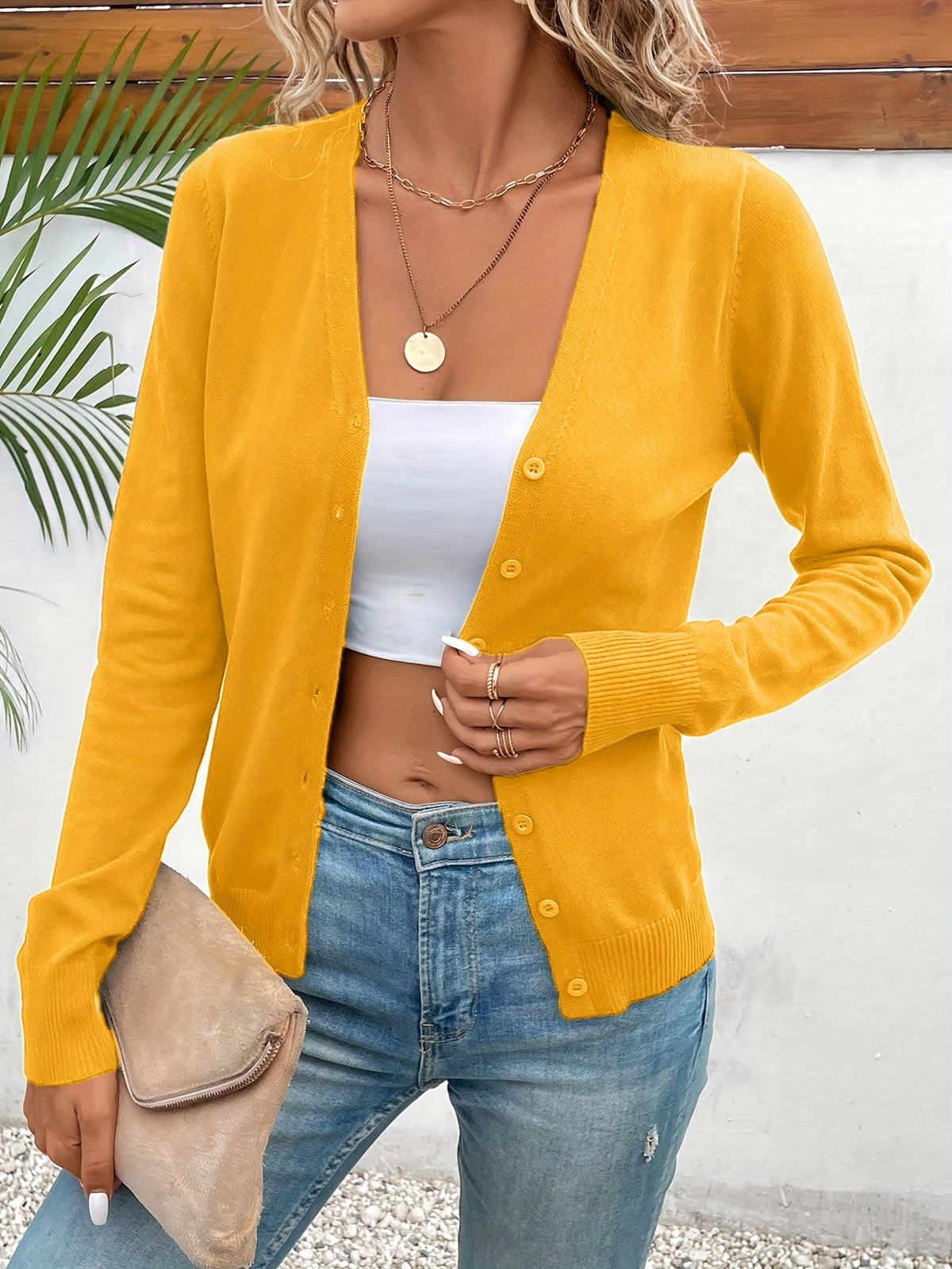 CROPPED BUTTON-FRONT KNIT CARDIGAN FOR WOMEN