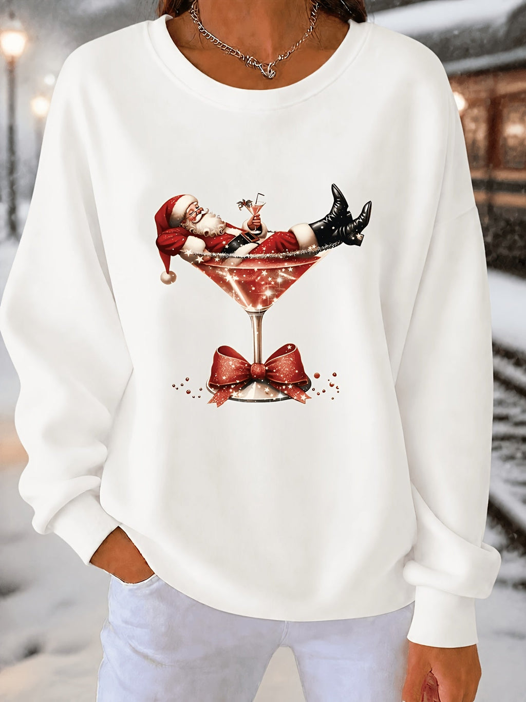 PRINTED CREW NECK CHRISTMAS SWEATER FOR WOMEN