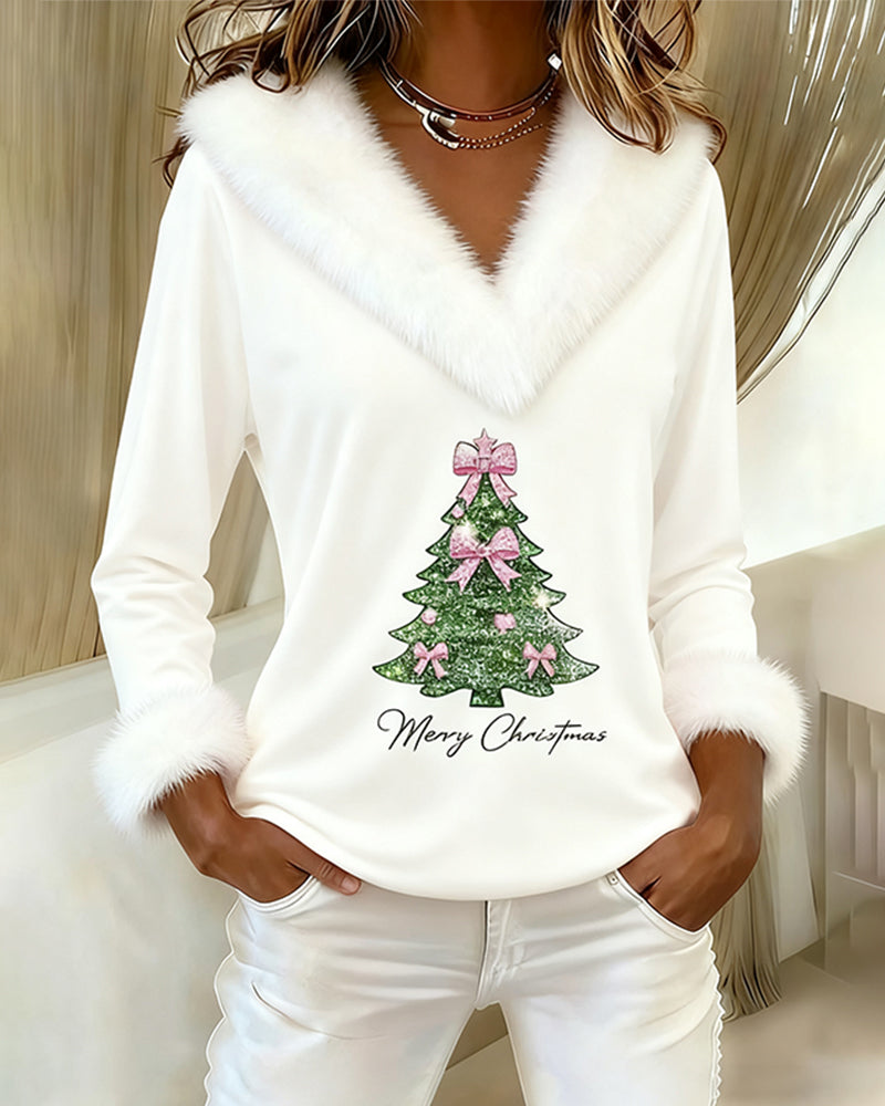 V-NECK TREE PRINT CHRISTMAS SWEATER FOR WOMEN