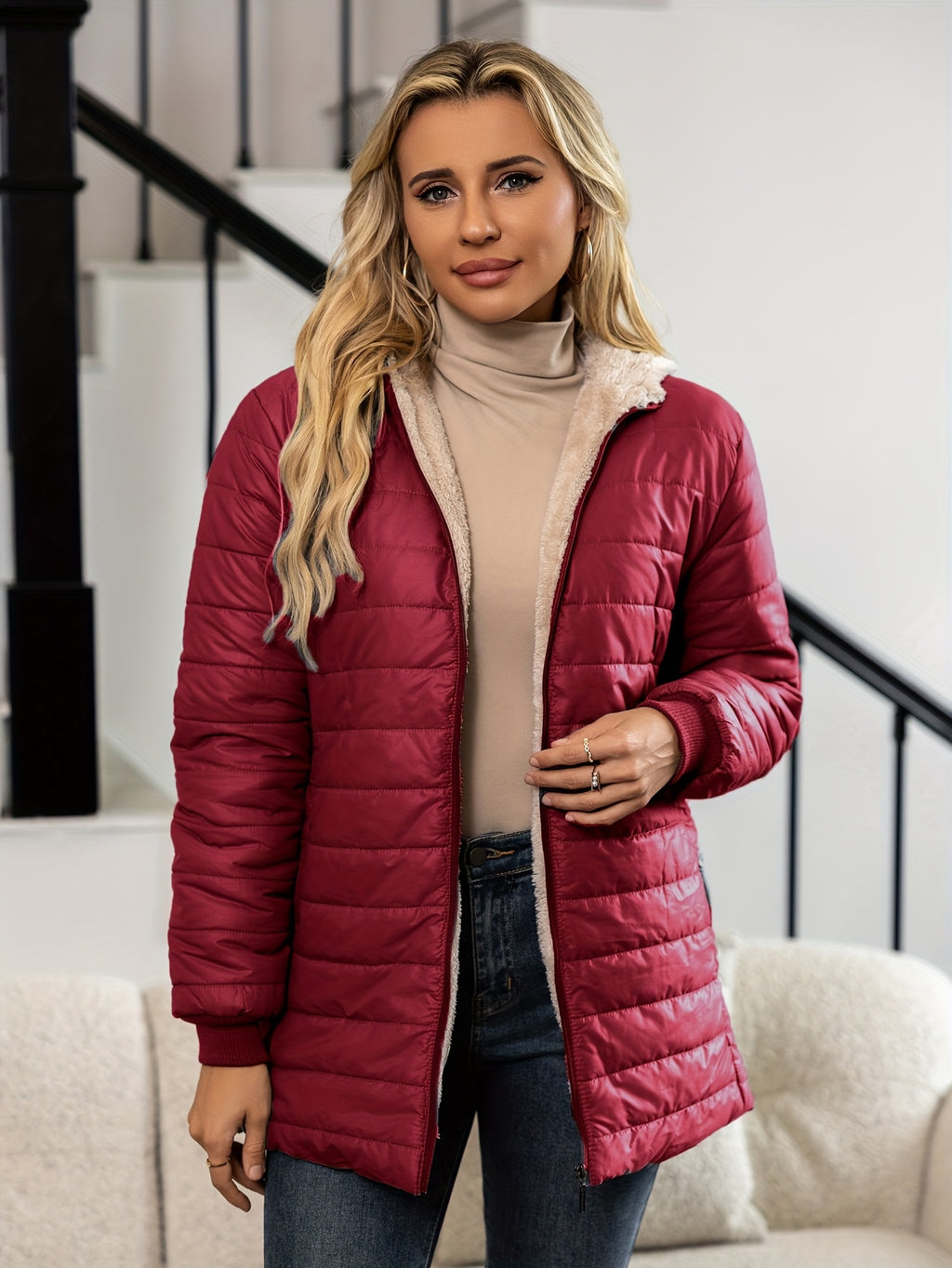 SHERPA HOODED PUFFER JACKET FOR WOMEN