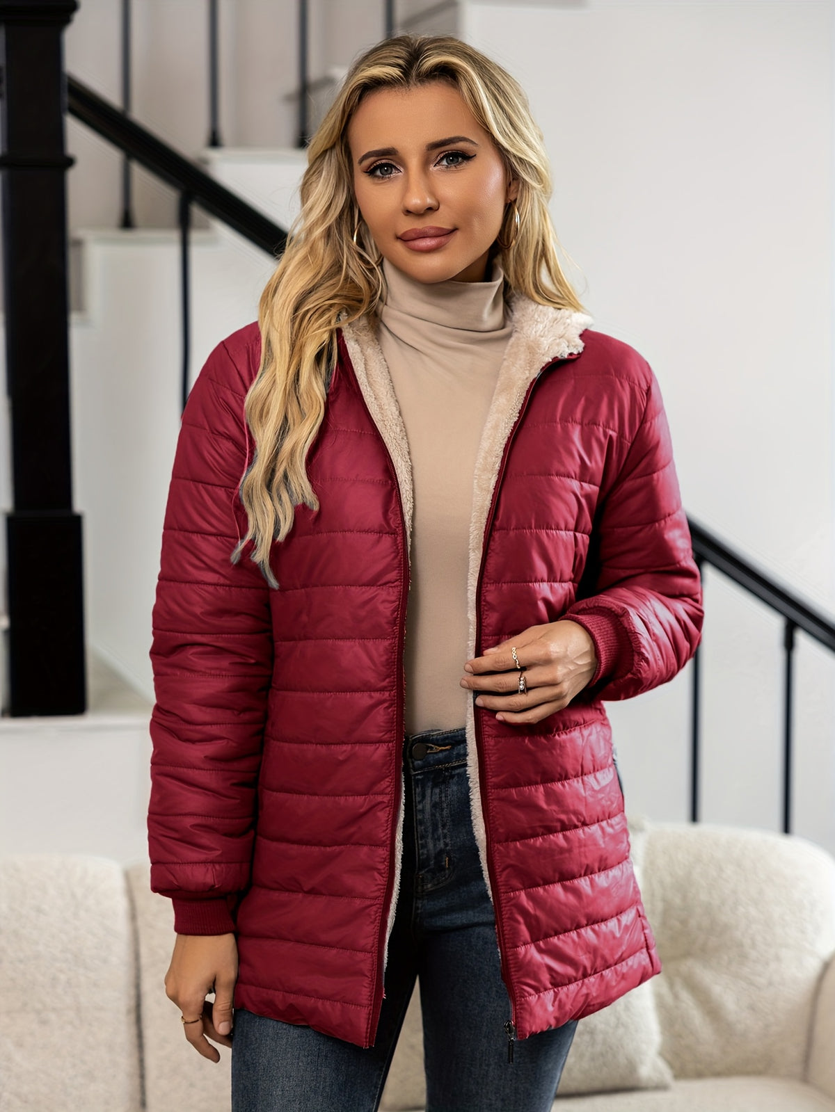 SHERPA HOODED PUFFER JACKET FOR WOMEN