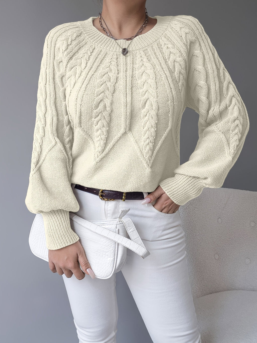 LANTERN SLEEVE CABLE KNIT SWEATER FOR WOMEN