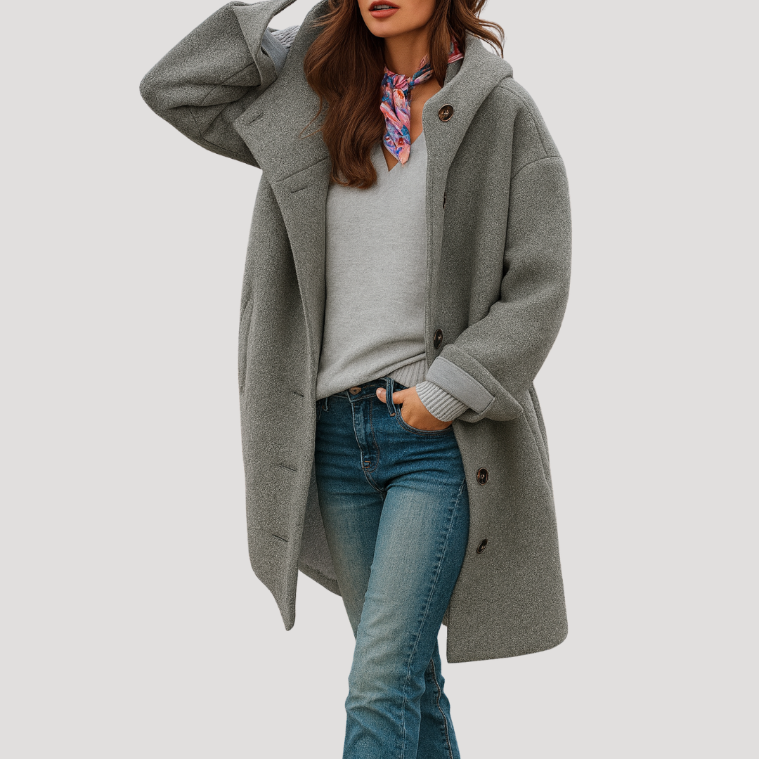 HOODED BUTTON-FRONT COAT FOR WOMEN