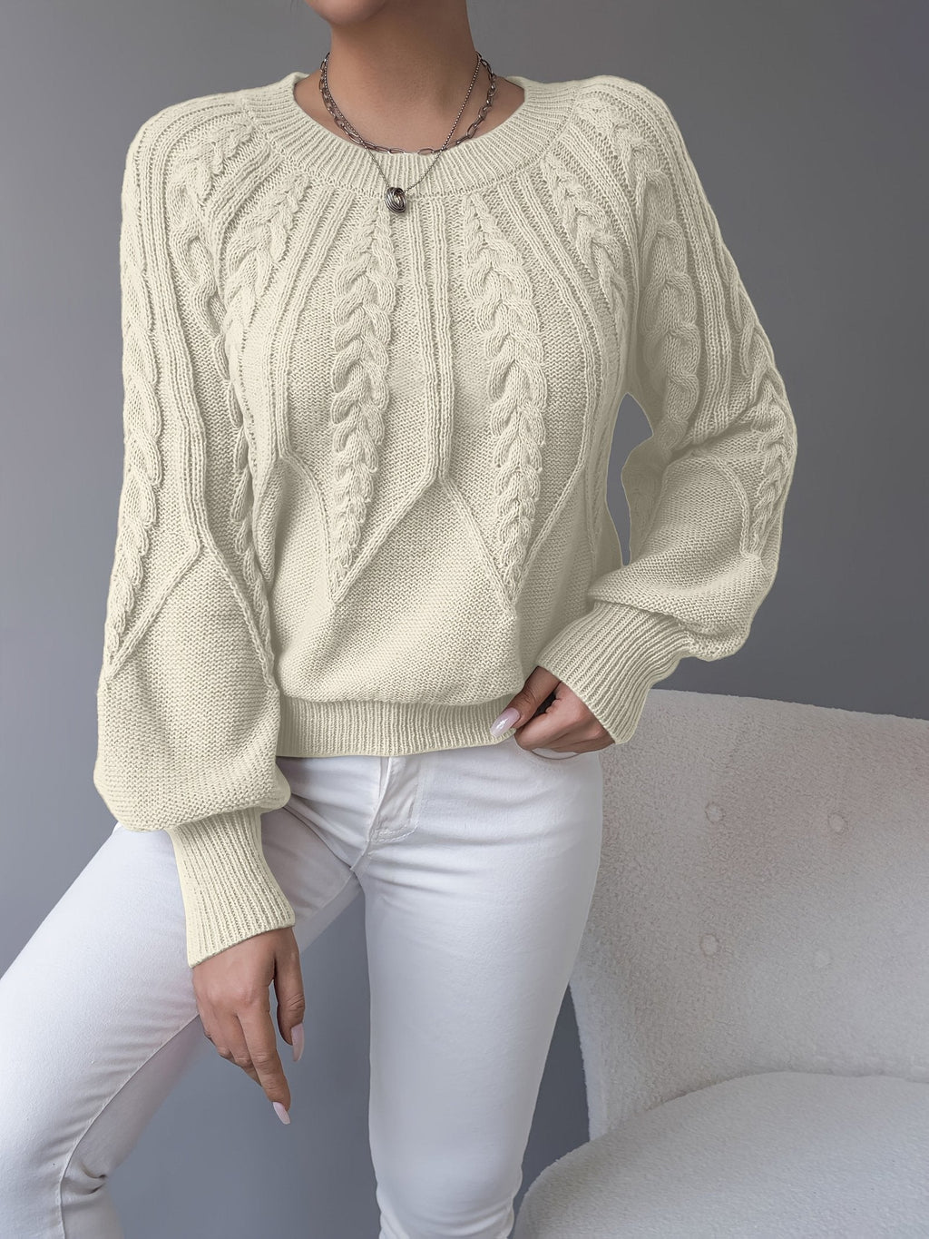 LANTERN SLEEVE CABLE KNIT SWEATER FOR WOMEN