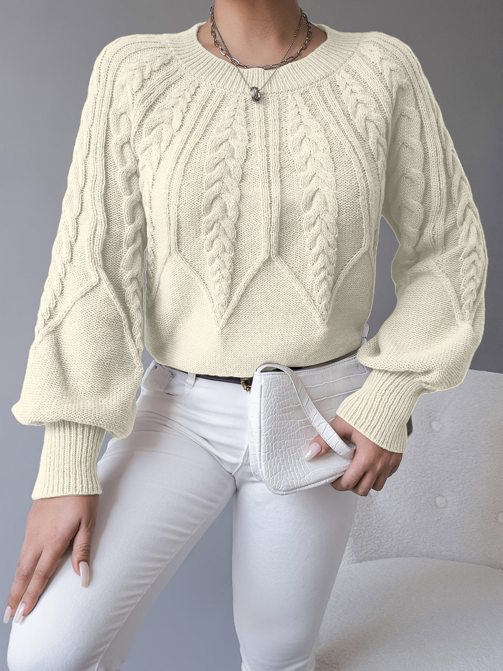 LANTERN SLEEVE CABLE KNIT SWEATER FOR WOMEN
