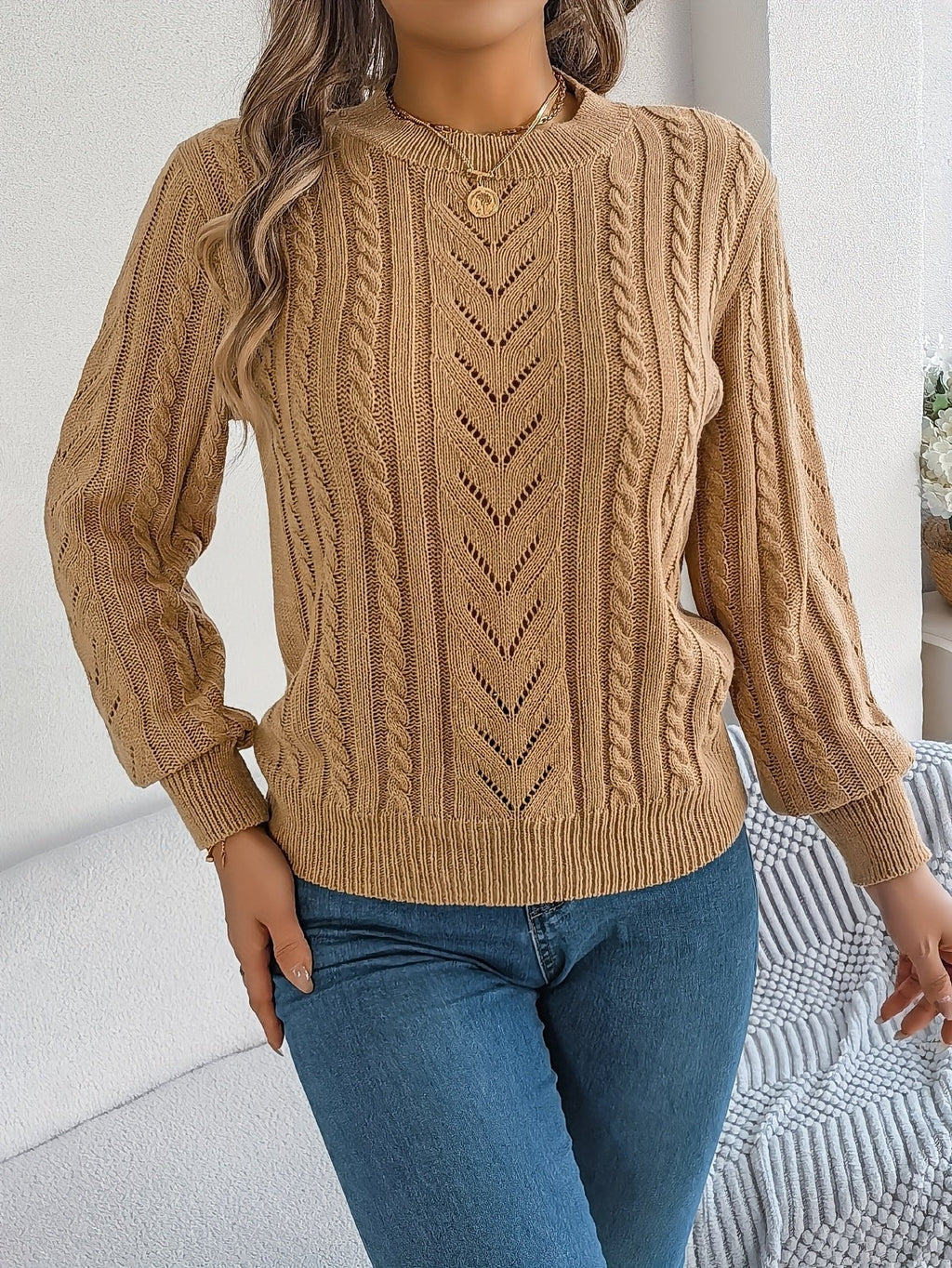 TEXTURED CABLE KNIT SWEATER FOR WOMEN