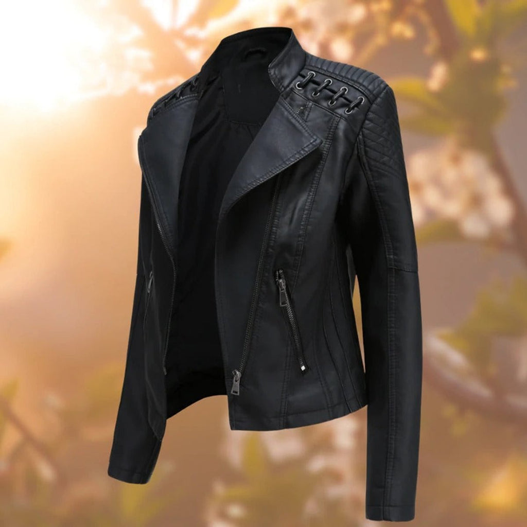 STAND COLLAR FAUX LEATHER JACKET FOR WOMEN