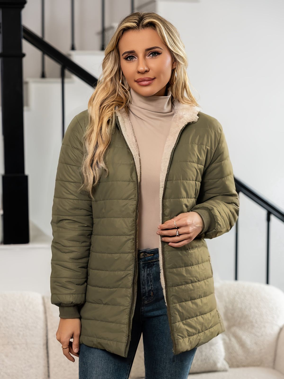 SHERPA HOODED PUFFER JACKET FOR WOMEN