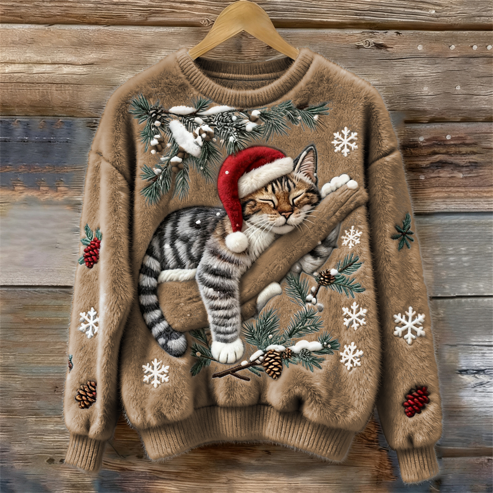 CAT PRINT CHRISTMAS SWEATER FOR WOMEN