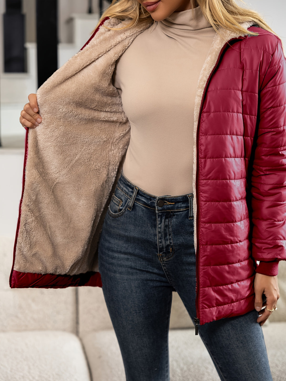 SHERPA HOODED PUFFER JACKET FOR WOMEN