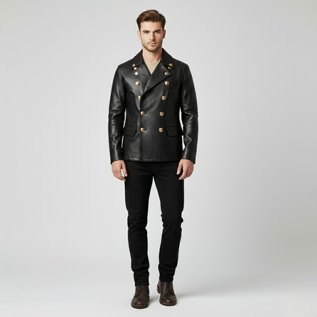 Men's Double-Breasted Faux-Leather Jacket