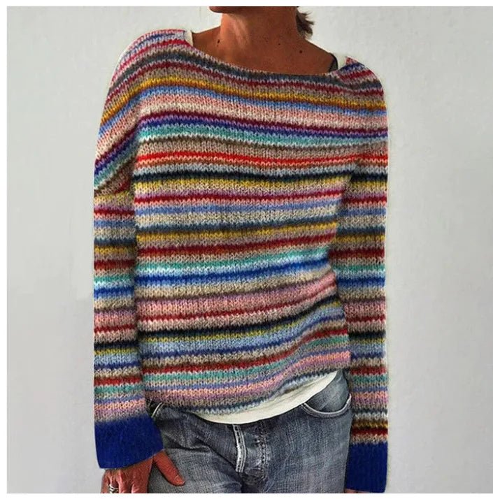 STRIPED FUZZY KNIT SWEATER FOR WOMEN