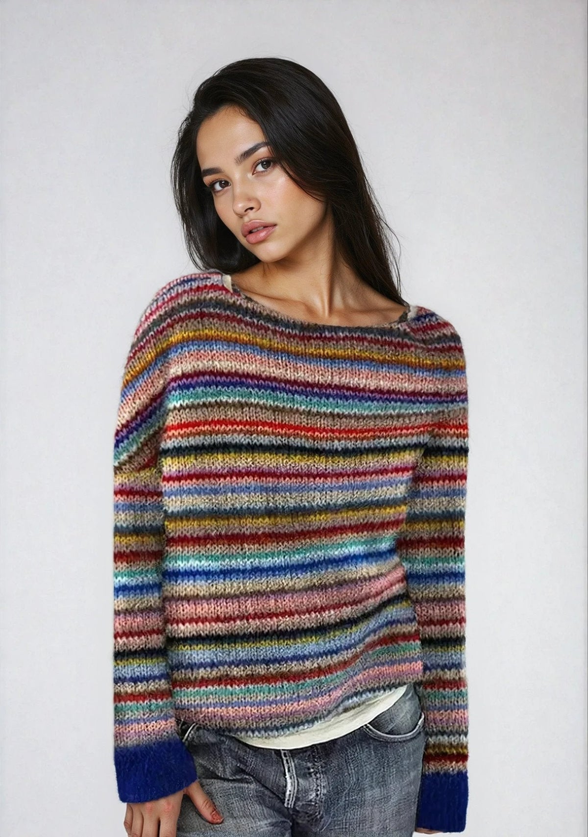 STRIPED FUZZY KNIT SWEATER FOR WOMEN