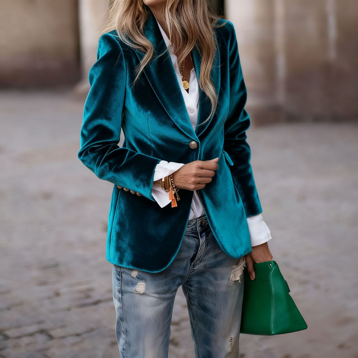 NOTCH LAPEL VELVET BLAZER FOR WOMEN
