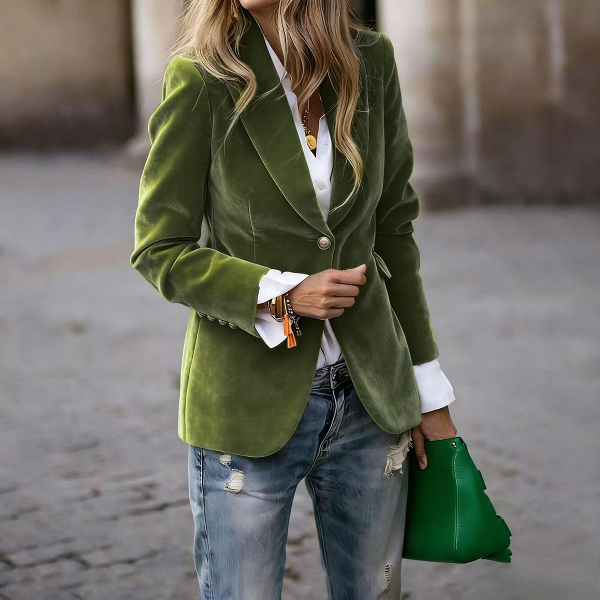 NOTCH LAPEL VELVET BLAZER FOR WOMEN
