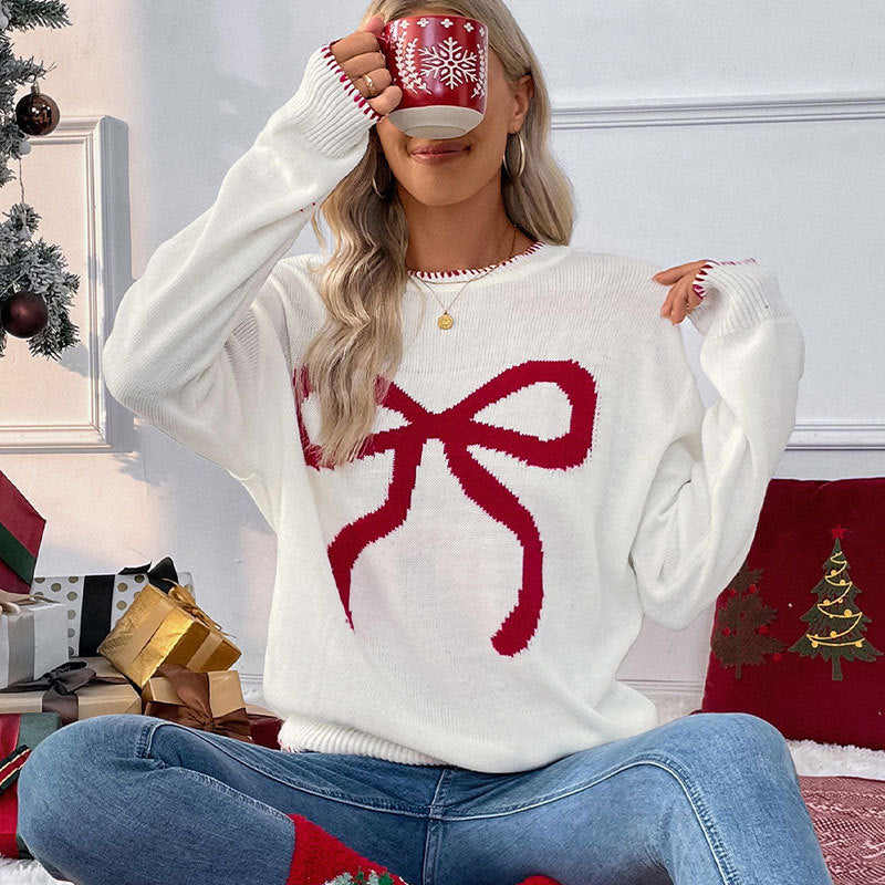 EMBROIDERED BOW CHRISTMAS SWEATER FOR WOMEN