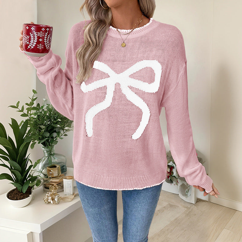EMBROIDERED BOW CHRISTMAS SWEATER FOR WOMEN