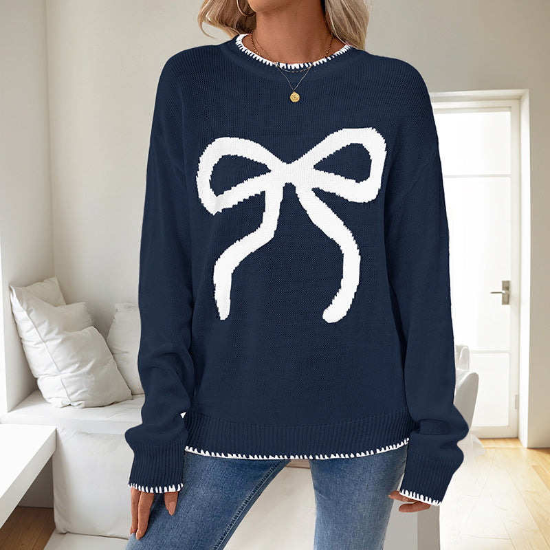 EMBROIDERED BOW CHRISTMAS SWEATER FOR WOMEN